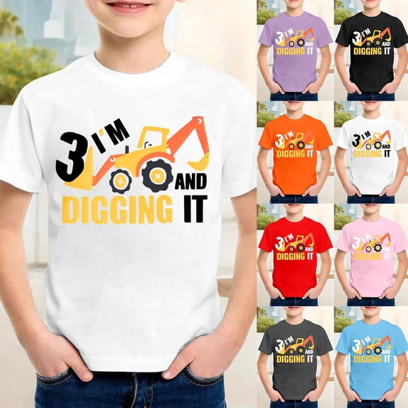 Toddler Boy Shirts Kids Construction Vehicle Print Short Sleeve Crew Neck Top Stretchy Classic Fit for Relaxed Daily Toddler Boy Clothes