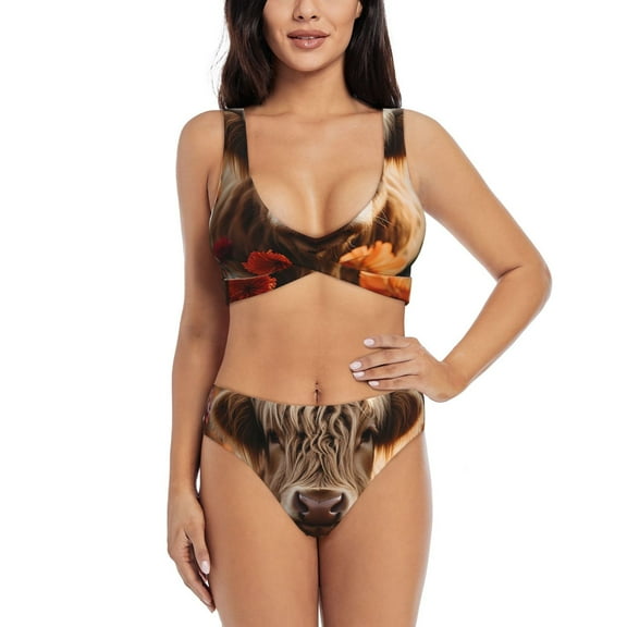 Kdxio Realistic Flower Cow Print Women's 2 Piece High Waisted Wrap Spaghetti Strap Summer Swimsuit Bikini Set-Large
