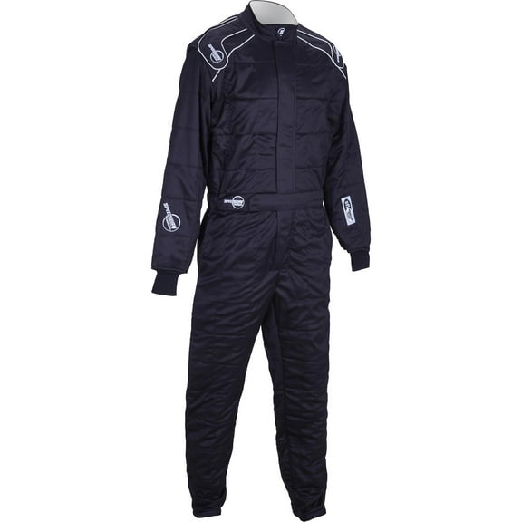 Speedway Motors Endurance II One Piece Racing Suit Black X Large Double Layer Aramid Construction SFI 3.2A/5 Rated with Stretch Panels, Moisture Wicking Collar