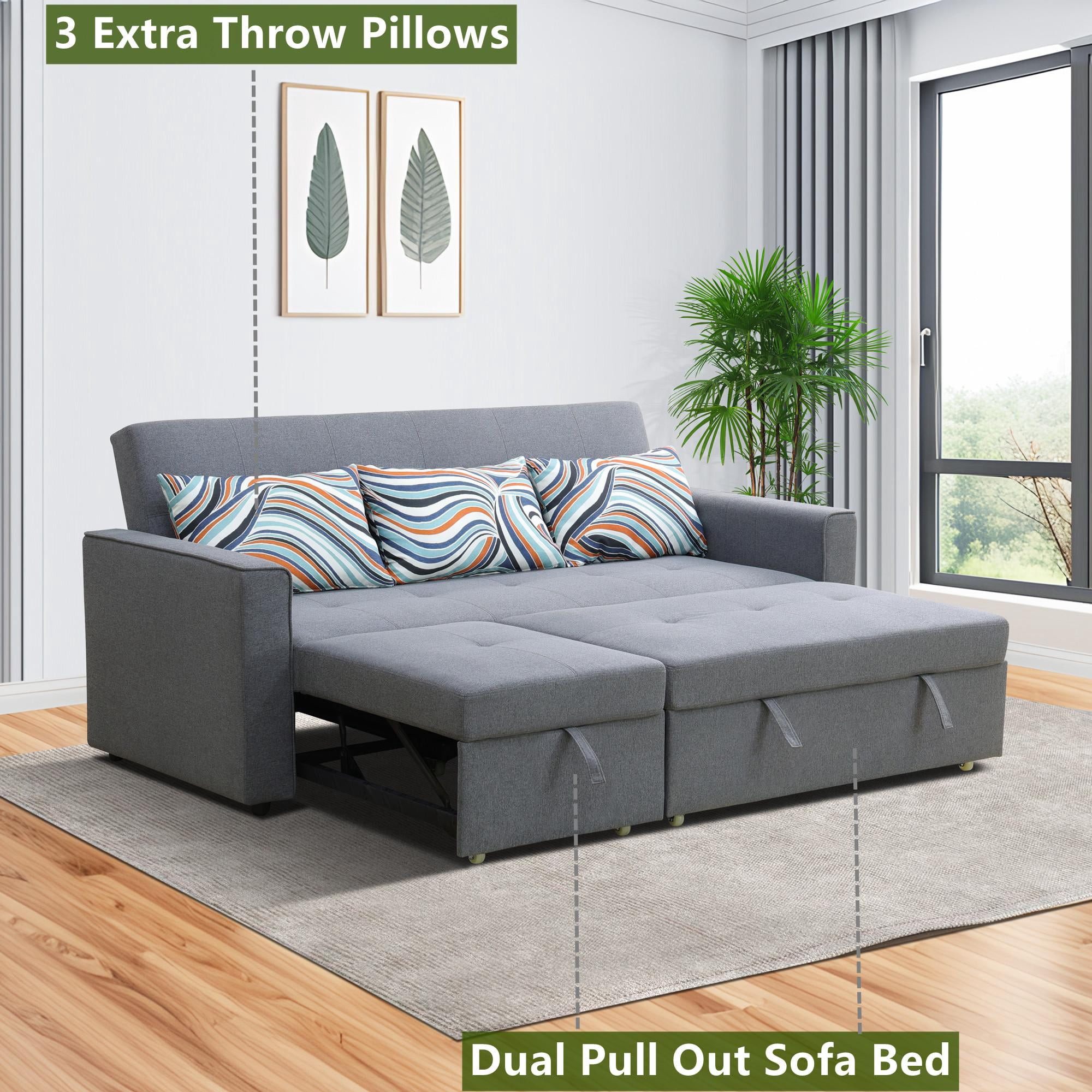 Aukfa 77" Comfy 3 Seat Sofa Convertible Sectional Sleeper Sofa Bed for Living Room, 3 Pillows, Linen, Gray