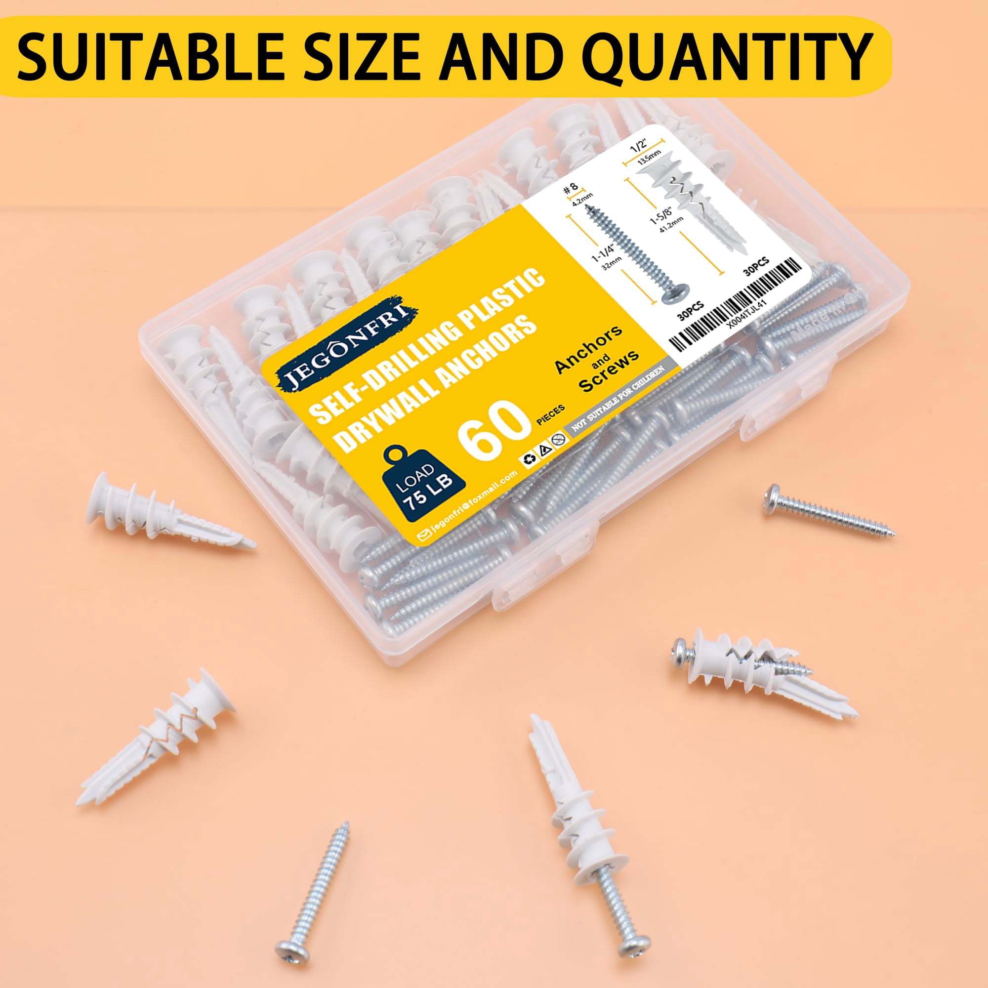 60PCS Self Drilling Drywall Anchors and #8 Screws, Wall Anchors for Drywall Heavy Duty Holds Upto 75LB, No Pre Drill Hole Required, Dry Wall Screws and Anchors Kit