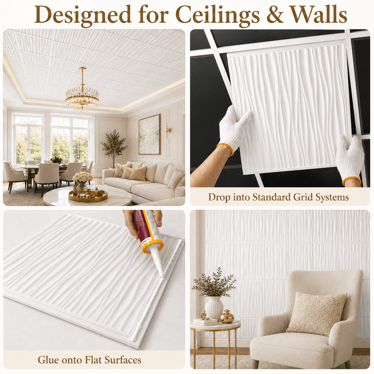 Yeslife 2 x 2 ft Drop Ceiling Tiles, 12 Pack, White PVC 3D Wall Panels, Covers 48 Sq Ft