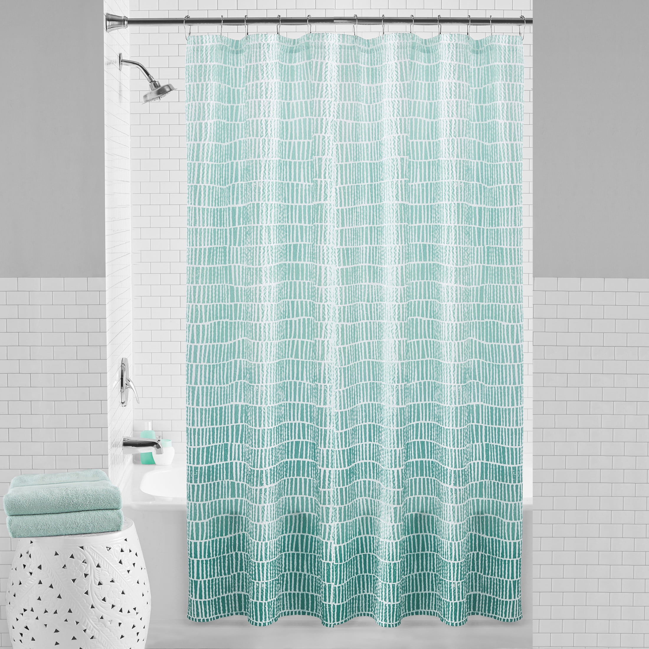 Mainstays Ombre Geo Geometric Polyester Shower Curtain, 72" x 72", Teal ...