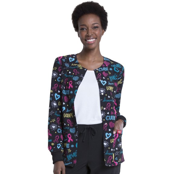 Dickies EDS Women Scrubs Warm Up Jacket, Snap Front Warm-Up, DK309, XL, Love Cure Hope