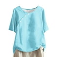 thumbnail image 2 of Teissuly Women's Solid Color Casual Round Neck Linen Knot Linen Button Short Sleeved Top, 2 of 5