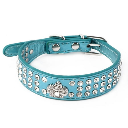 - Metal Buckle Faux Leather Artificial Rhinestone Crown Decoration Dog Collar Blue
