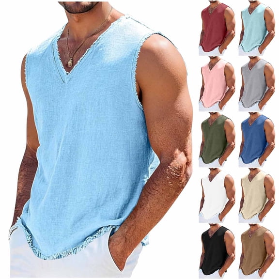 Paiwinds Men's Casual Vintage Sleeveless V-Neck Tank Top Solid Color Distressed Hem Lightweight Summer Streetwear