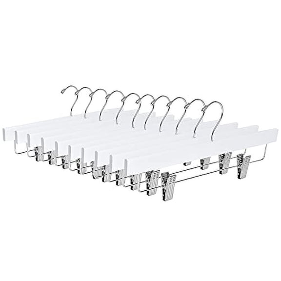 Quality Hangers Wooden Pants Hangers - 10-Pack Swivel Hook Cloth Hanger Set - Lotus Wood Skirt, Pant, Shorts and Slack Hangers with Adjustable Clip - White Clothing Hanger (White, 10)