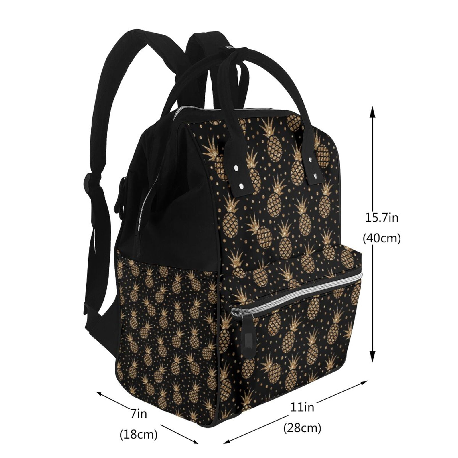 Ratiio Gold Glitter Pineapples Mummy Backpack - Waterproof Twill Canvas, Large Capacity Diaper Bag with Multiple Pockets and Adjustable Straps