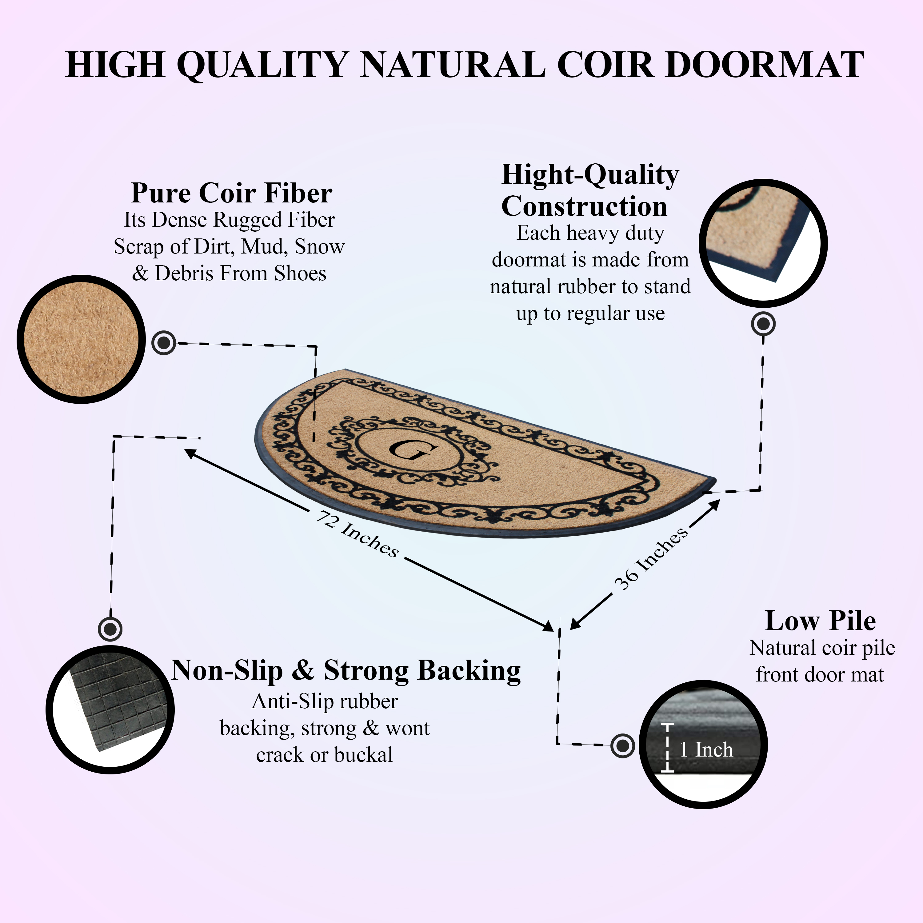 A1HC Heavy-Duty Semi-Circular Coir and Rubber Doormat, 36"x72" Hand-Flocked Monogrammed Front Porch Entrance Rug with Floral Design