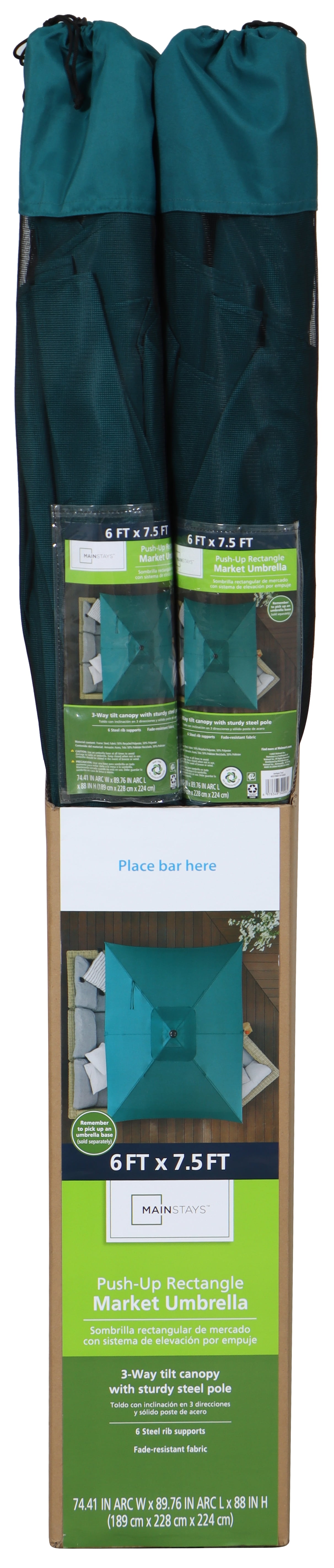 Mainstays Outdoor 6 x 7.5' Rectangle Teal Market Patio Umbrella, Push-Up, 3-Angle Tilt