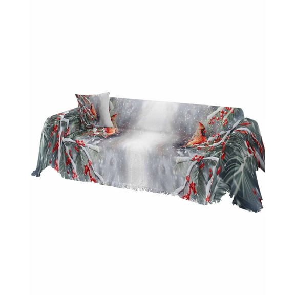 Christmas Sofa Couch Covers for 3 Cushion Couch, Washable L Shape Sectional Sofa Covers for Loverseat/Pets/Kids, Xmas Birds Berry Red Snowflake Slipcover Blanket Futon Cover 71''x134''