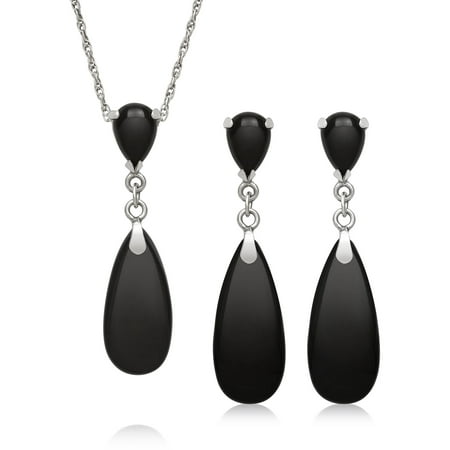 5mm x 7mm and 8mm x 18mm Black Onyx Teardrop Sterling Silver Pendant and Earrings Set, 18