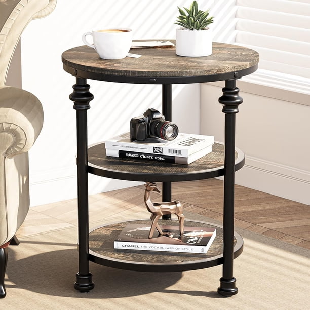 End Mesa 3-Tier Redondo Side Mesa Living Sala Accent Mesa con Estante de Almacenamiento y Metálico Industrial Madera Cama Side Table/Night Soporte para cm de Profundidadormitorio Pequeño Spaces Oak