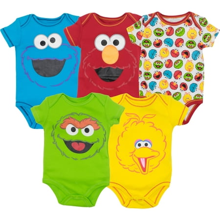 Sesame Street Baby Boy Girl 5 Pack Bodysuits - Elmo, Cookie Monster, Oscar and Big Bird (6-9