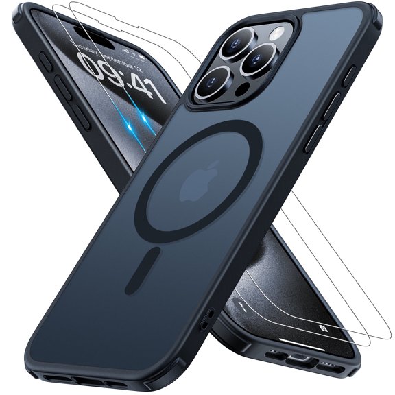 Magnetic for iPhone 15 Pro Max Case [Compatible with MagSafe]with 2X Screen Protector, Military-Grade Slim Shockproof Phone Cover Translucent Matte Anti-Fingerprint Anti-Scratch,6.7 inch,Black