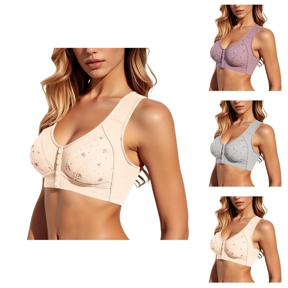 Front Closure Bras for Women Floral Print Wide Strap Wireless Molded Cup Bralettes Everyday Bra