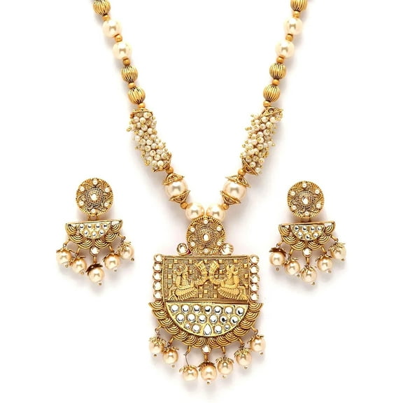 Artificial Imitation Elegant Jewellery Set Antique Traditional Stylish Ethnic Casual Wear Gold Plated Pearl Stone Beaded Pendant Necklace set Earrings(SMTPNE7136Mala9240CPY1)