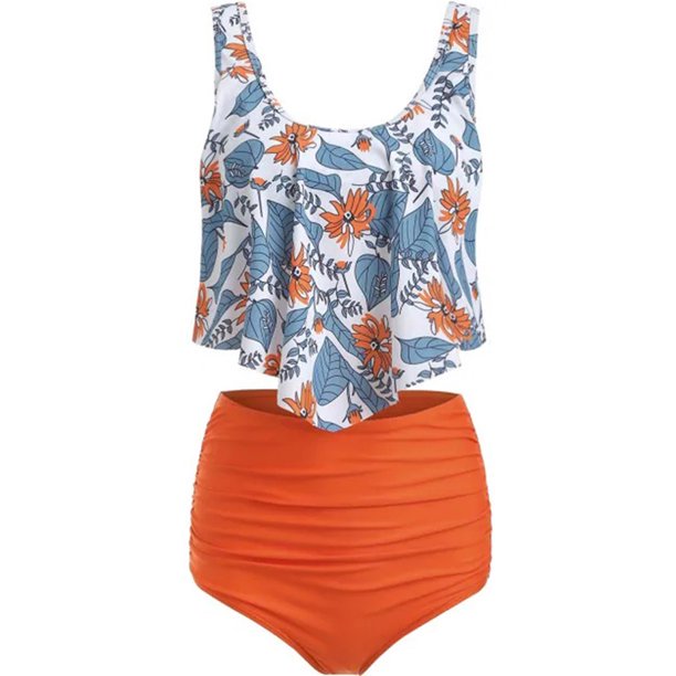 Women 2pcs Padded Ruffle Strappy Crop Tops High Waist Bikini Set Swimsuit Swimwear Summer