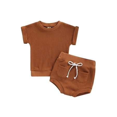 

Binpure Baby Girls Boys 2 Pieces Outfits Solid Color Round Neck Waffle Tops + Shorts Set