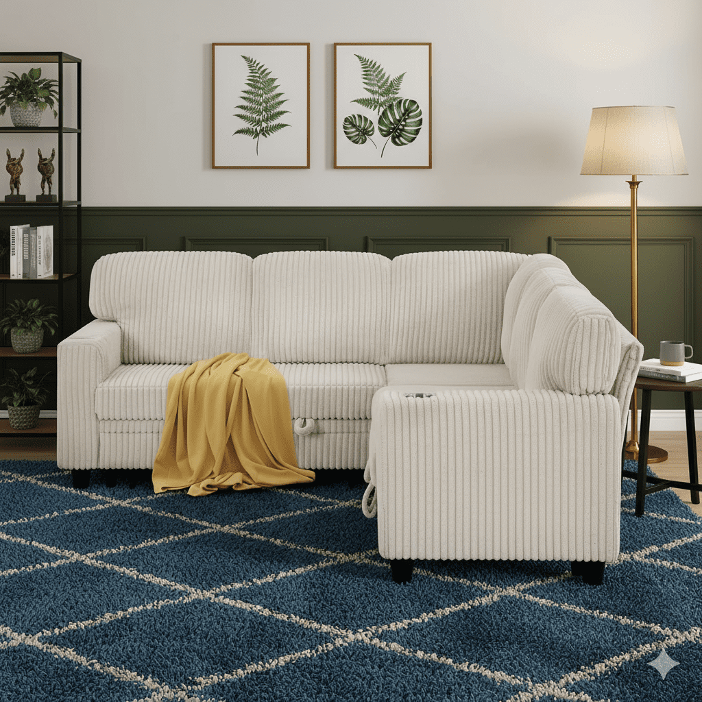 81" Modular Sectional Sofa, Corduroy Pull Out Couch Bed Sleeper Sofa Bed with Storage Seat, Cup Holders & USB/Type-C Ports, V Shaped Sectional Couch for Home Living Room (Beige)