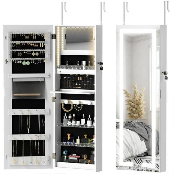 LED Jewelry Cabinet w/ Full Length Mirror Jewelry Storage Organizer, White
