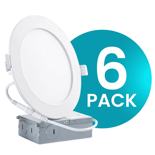 4-Inch LED Recessed Slim Pot Lights with Junction Box, 6000K Daylight White, Dimmable 9W 750LM High Brightness Led Panel Lights, IC Rated Indoor & Outdoor Led Ceiling Lights, ETL Listed (6 Pack)