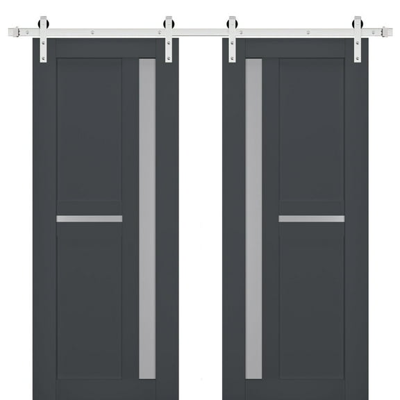 Sturdy Double Barn Door with Frosted Glass | Veregio 7288 Antracite | 13FT Rail Hangers Heavy Set | Solid Panel Interior Doors-36" x 96" (2* 18x96)-Silver Rail