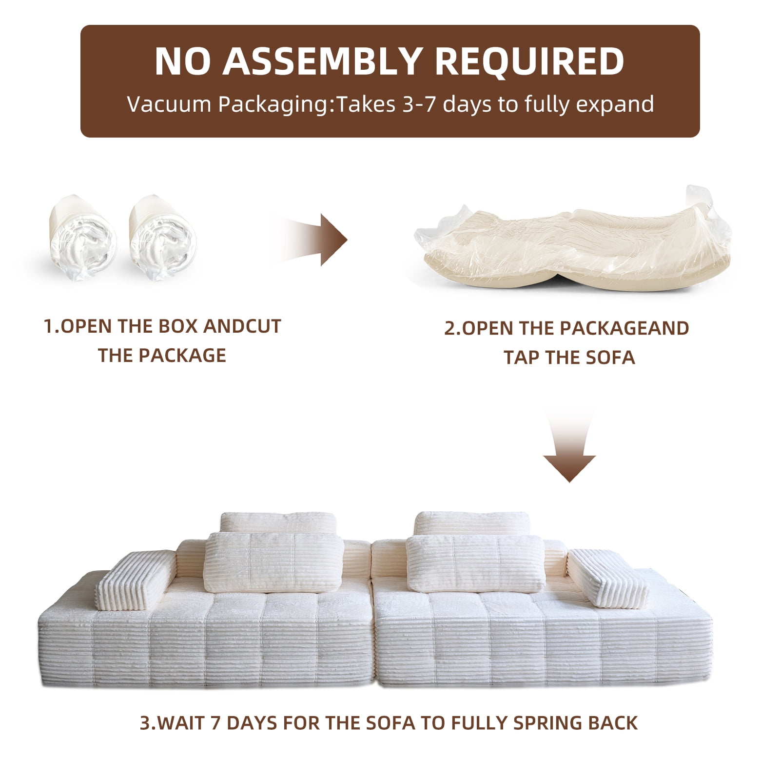 Garaneeds 113" Beige Modular Sectional Sofa for Living Room - Boneless Cloud Couch, No Assembly Required