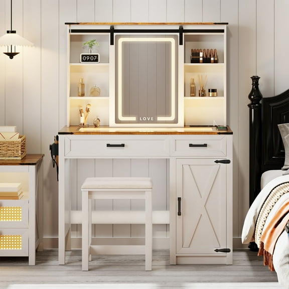 VKCC Modern Vanity Table Desk with LED Mirror, Charging Station, Drawers & Transparent Top, White