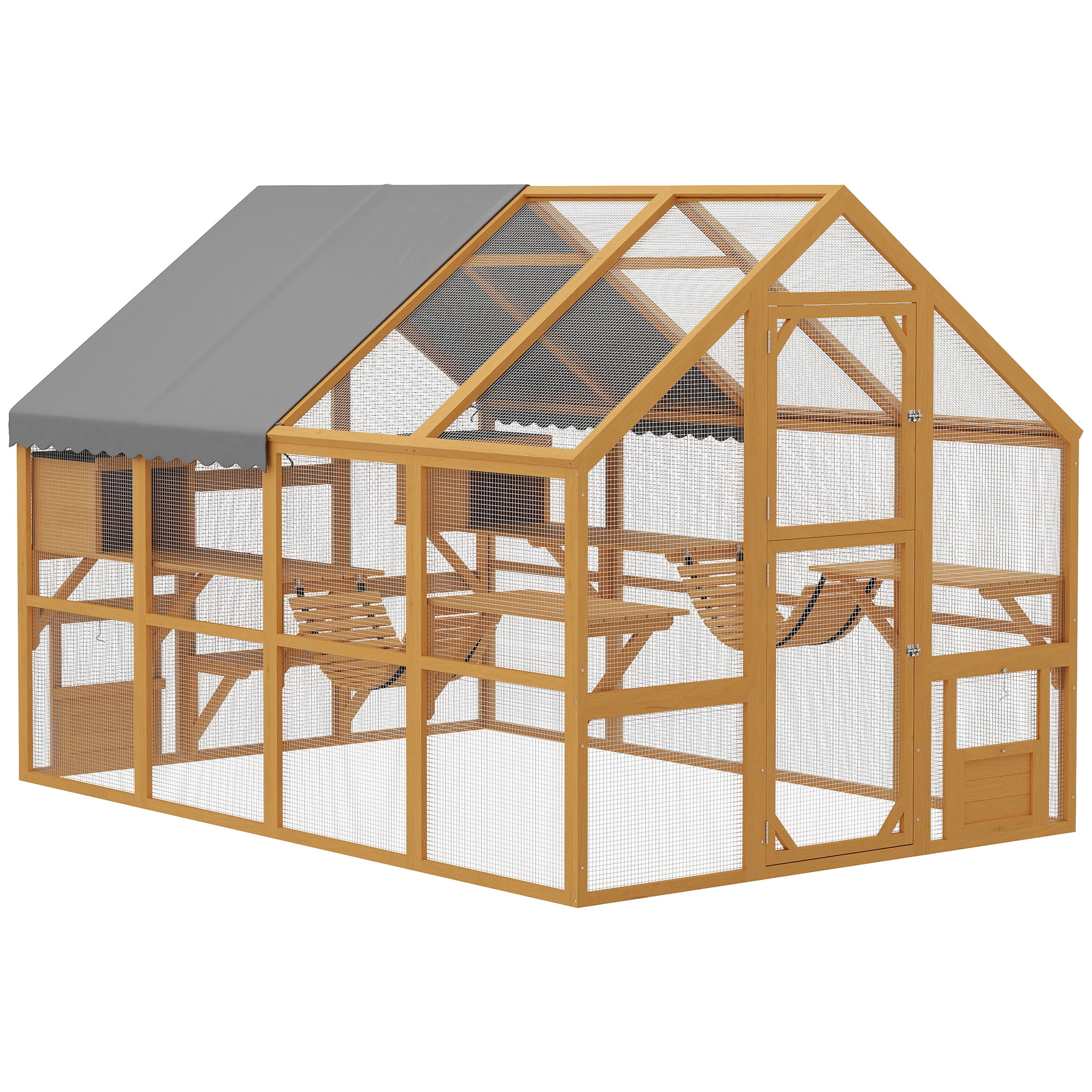 PawHut Large Catio Outdoor Cat Enclosure, Wooden Cat House for Multiple Kittens with Waterproof Cover, 2 Condos, 6 Platforms, Bridge, Doors, Yellow