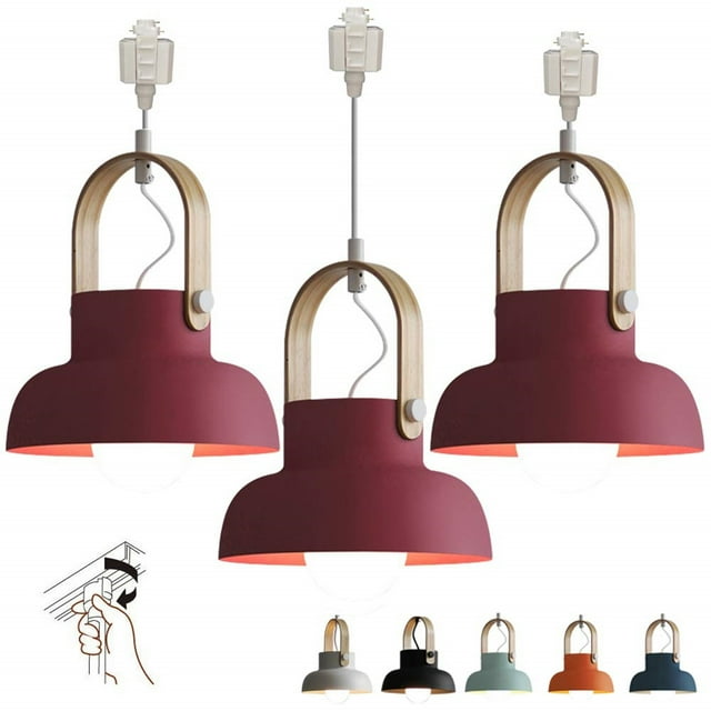 FSLiving Customizable Iron Pendant Light H-Type Track Light Pendants 3.2 ft Cord Macaron Industrial Light Dimmable Wooden Track Mount Pendant Lighting Fixtures Bulb Not Included - 3 Lights (Red)