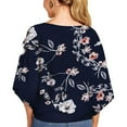 thumbnail image 3 of Defitshape Women's V Neck Blouse Summer Floral Boho Shirt Fall Top Cotton Light Cool Loose Fit 3/4 Sleeve Fashion Tie Front Knotted Crop Shirt Navy 8-10, 3 of 5