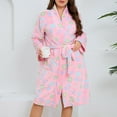 thumbnail image 3 of Short Flannel Robe for Women Fashion Plus Size Bathrobe Knee Length Kimono Fleece Plush Cozy Terry Cloth Robes, Pink, XXXXL, 3 of 5