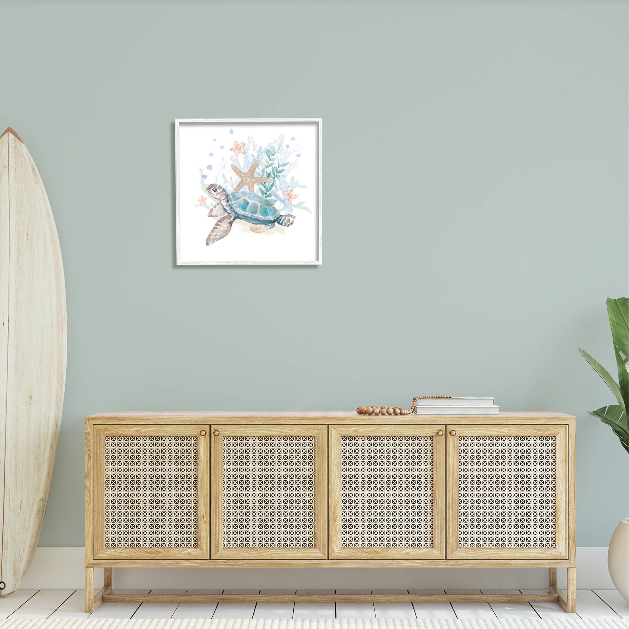 Mixed Sea Life Tortoise Swimming Animals & Insects Graphic Art White Framed Art Print Wall Art