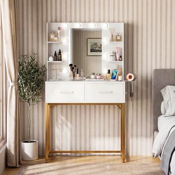 Homall Vanity Desk with Mirror, Power Outlet & LED Lights, Makeup Vanity Table with 2 Drawers & 4 Shelves, Dressing Table for Bedroom Dressing Room, White