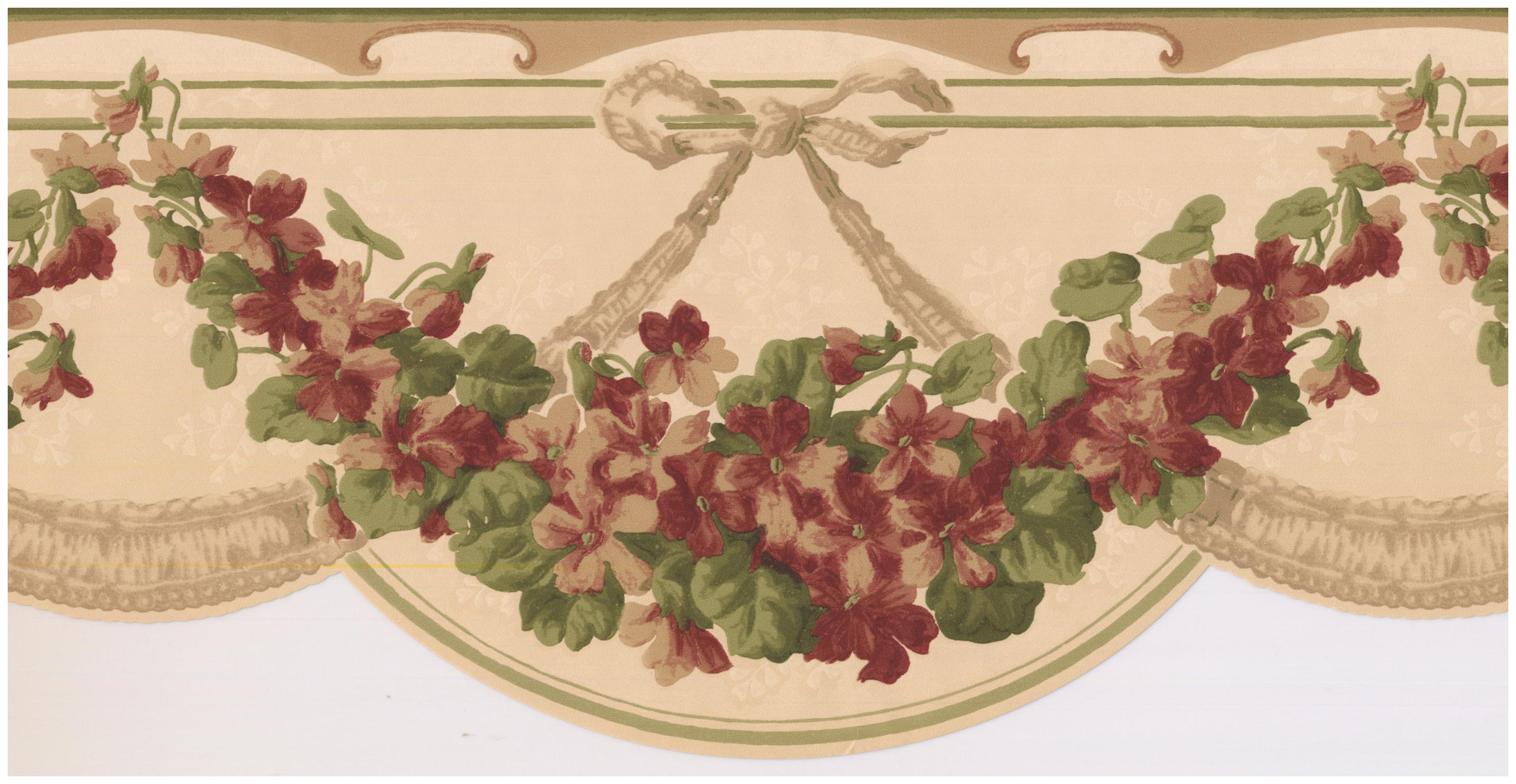 Prepasted Wall Border - Magenta Pink Flower Garland Sepia Tan Scalloped