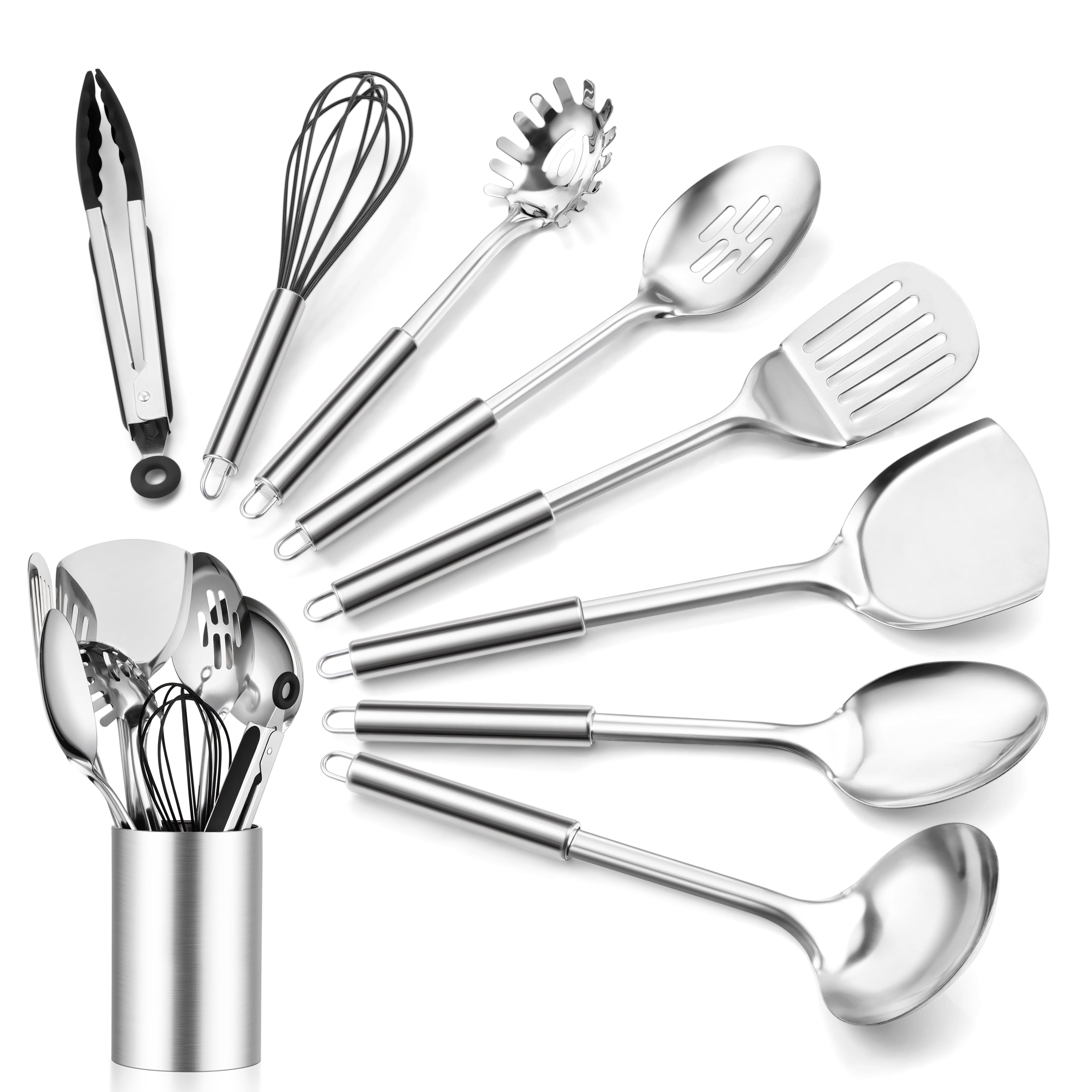 Vesteel Stainless Steel Kitchen Utensils Set, 9-Piece Metal Cooking Spatula Set with Holder Whisk and Kitchen Tong, Heat Resistant & Dishwasher Safe