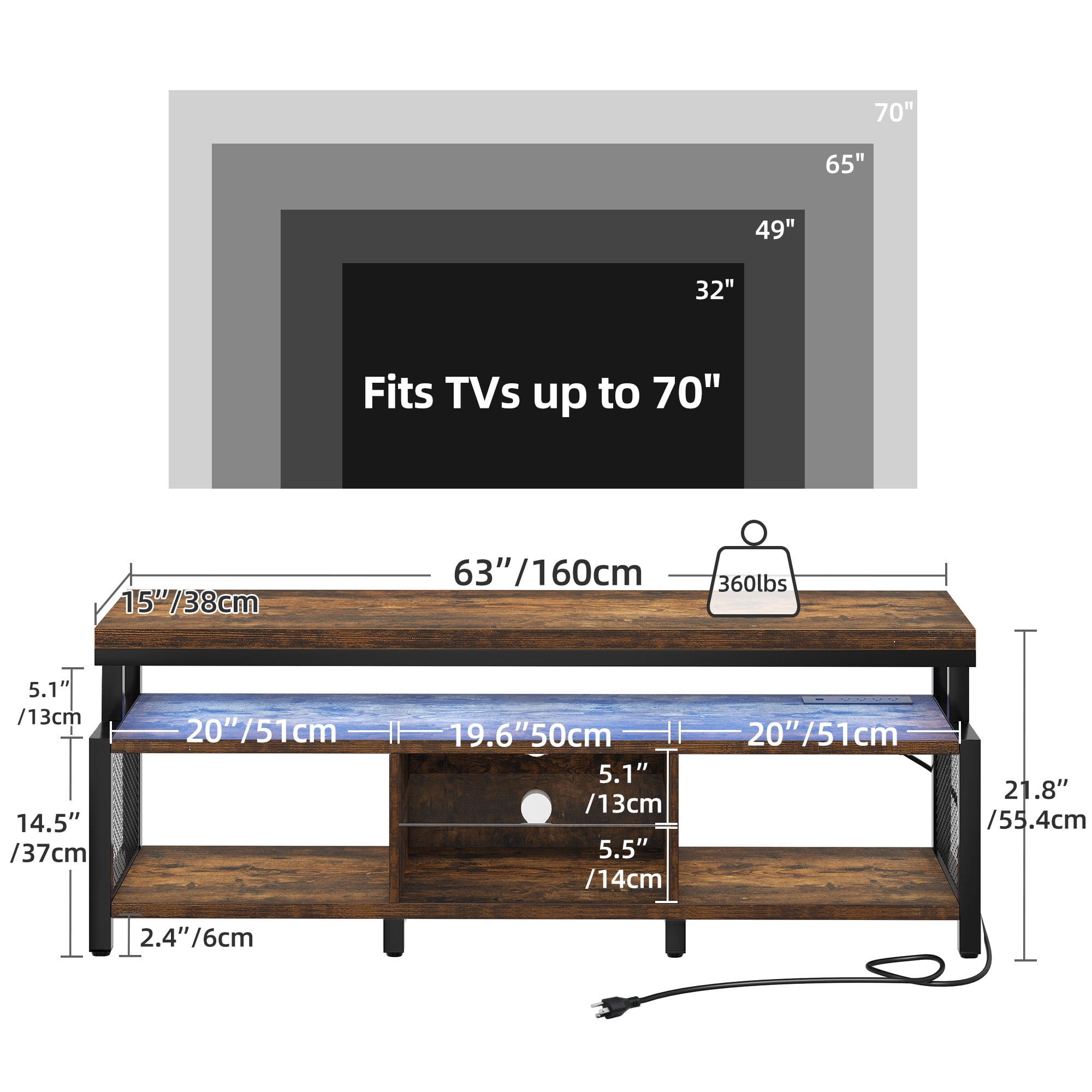 Dexturs LED TV Stands w/Power Outlets, Industrial TV Stand for 55/60/65/70 inch, Retro Brown