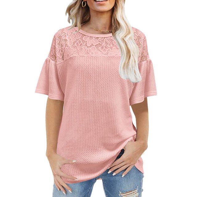Top de manga corta para mujer, cuello redondo, hombro de encaje, ropa suelta para verano, tejido de poliéster