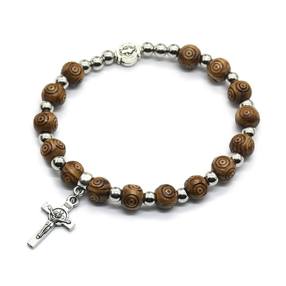 CIYISON 8mm Wood Beads Rosary Bracelet Vintage Jesus Christ Crucifix for Cross Wristband