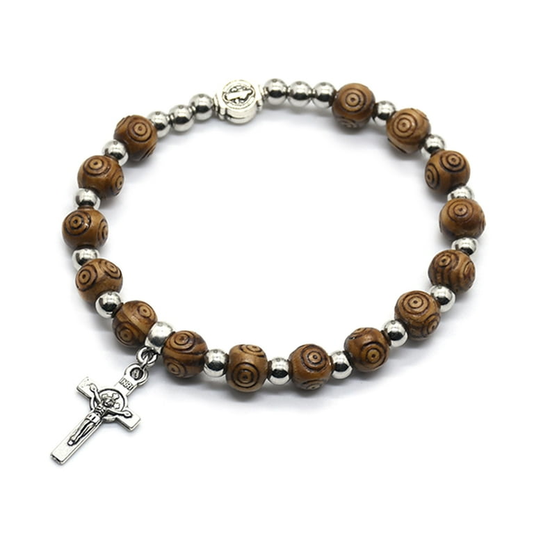 HeroNeo 8mm Wood Beads Rosary Bracelet Vintage Jesus Christ Crucifix Cross Wristband Chain Bracelets Men Unisex Jewelry