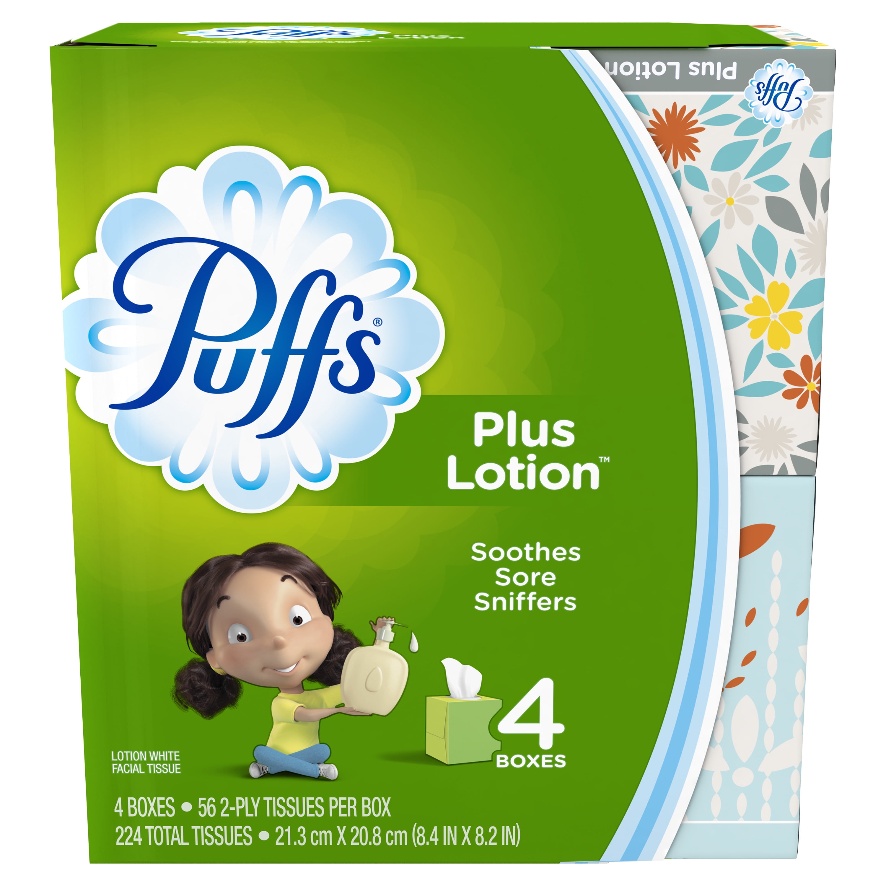 Puffs Plus Lotion Facial Tissues, 4 Cube Boxes, 56 Tissues per Cube