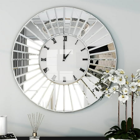 SHYFOY Mirror Glass Wall Clock - 32in Round Silver Glass Finish Decorative Wall Clock for Living Room Office Home Decor