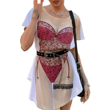 

Gwiyeopda Short Sleeve Dresses for Women Round Neck 3D Lace Pattern One-piece