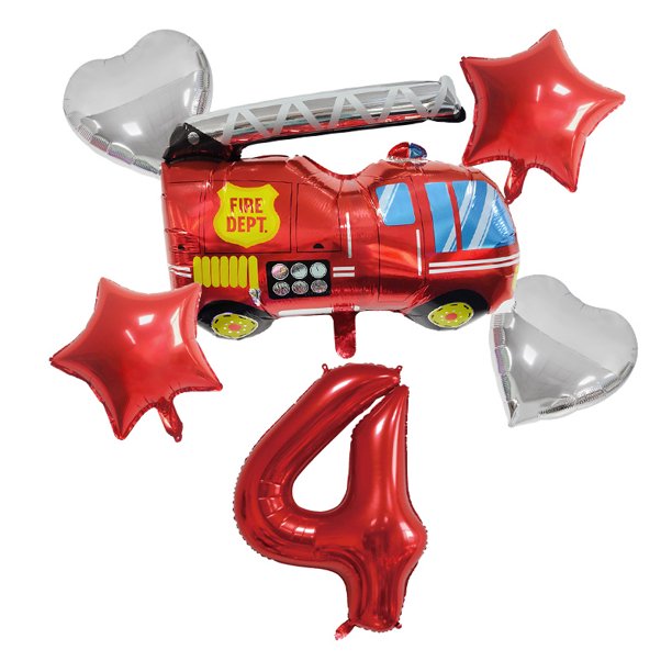 Set de globos con temática de camión de bomberos para fiesta de cuarto cumpleaños, 6 unidades