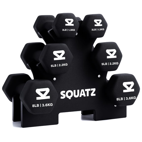 Squatz Neoprene Dumbbell Set with Stand, Pairs of 3 lb, 5 lb, and 8 lb Dumbbells - Anti-Slip Hex Design, Durable Cast Iron Core, Compact Storage Rack, Ideal For Strength & Resistance Training