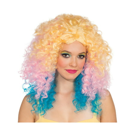 Adult Womens Pastel Punch Blonde Pink Blue Long Large Curly 80s Rave Wig