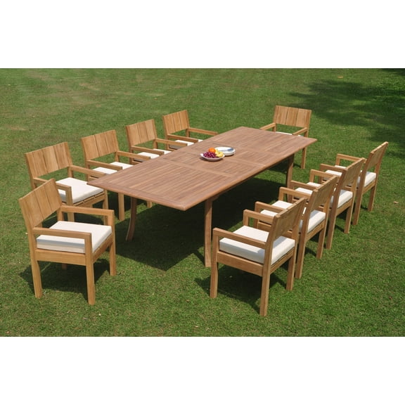 Grade-A Teak Dining Set: 10 Seater 11 Pc: 118" Double Extension Rectangle Table And 10 Veranda Arm Chairs Outdoor Patio WholesaleTeak #WMVR7
