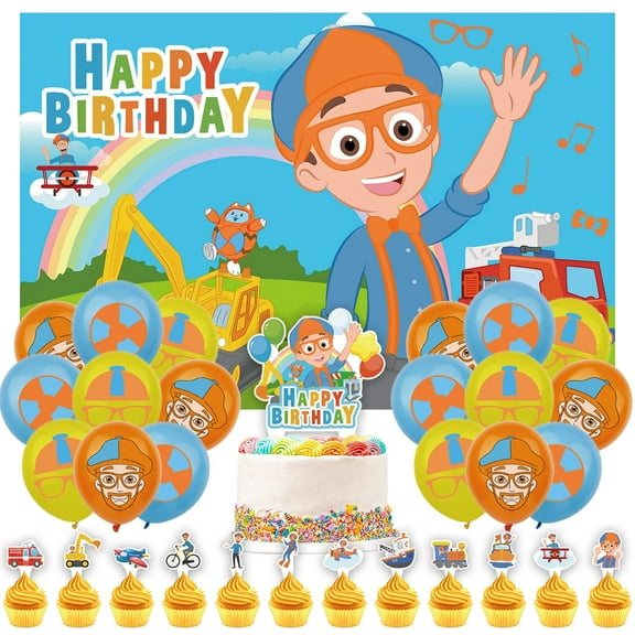 32 PCS For English Enlightenment Cartoon Themed Birthday Party Supplies – Includes Backdrop, Cake Topper, 18 Balloons, and 12 Cupcake Toppers Party Decorations Set
